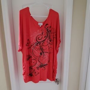 3xl Coral Butterfly Print Top
